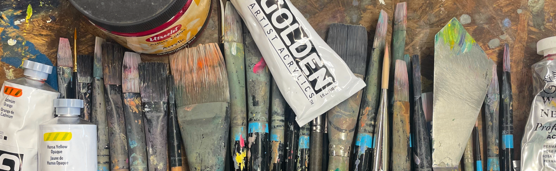 Jed's well-used brushes and paint tubes